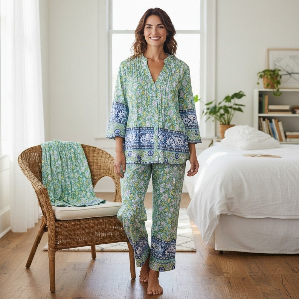 SIGNALS | Floral Blue Green Two Piece Button Down Pintuck Spring Pajama Set | 1X